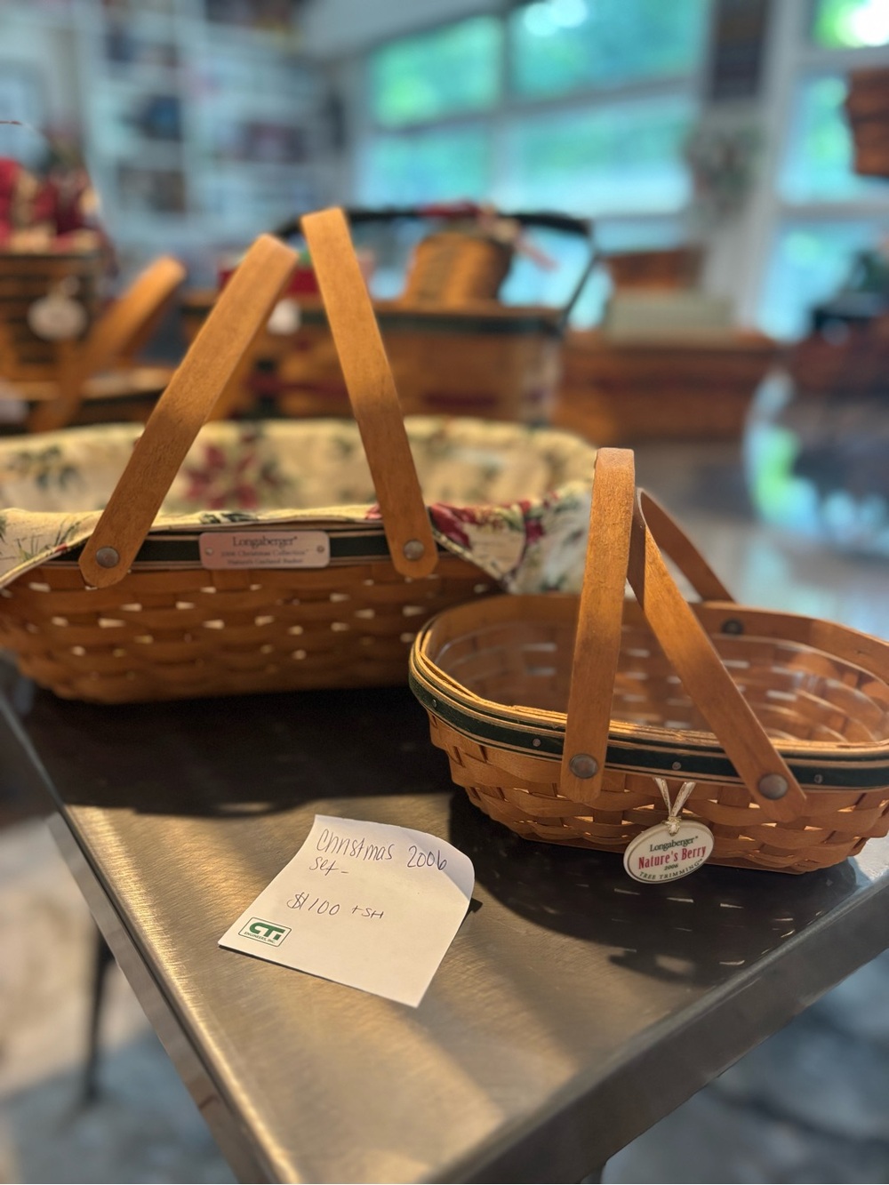 Longaberger Brown Woven Basket Tote with Floral Liner and Twin Handles